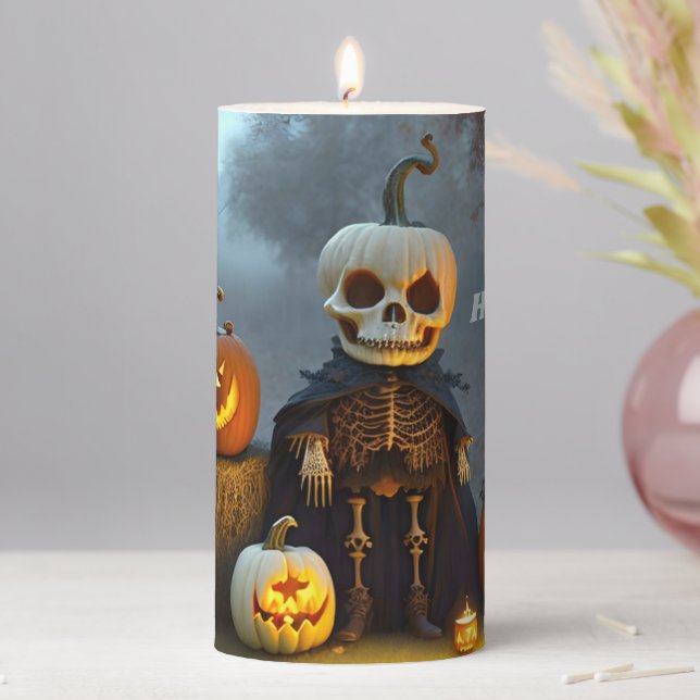 Witch, Pumpkins and Skeleton Halloween Pillar Candle (In Situ)