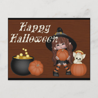 Witch, Pumpkins, Cat & Cauldron Happy Halloween Postcard