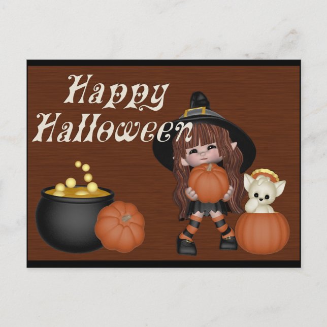 Witch, Pumpkins, Cat & Cauldron Happy Halloween Postcard (Front)