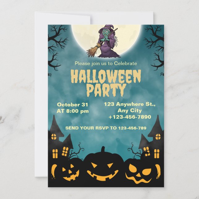 Witch & Pumpkins Halloween Party Invite (Front)