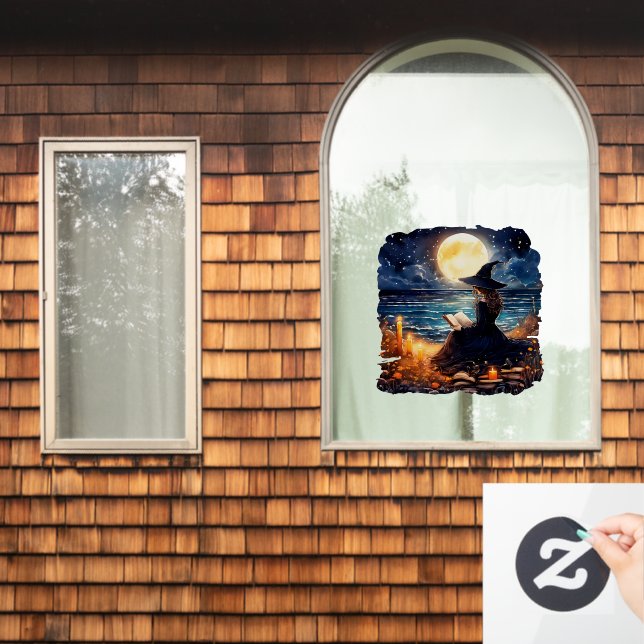 Witch reading a Book - Wicca Halloween 1 Window Cling (Home Window)