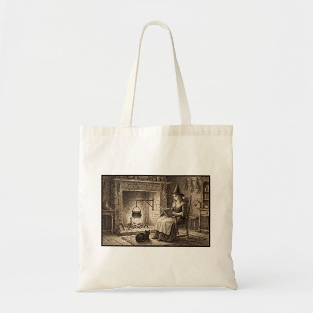 Witch Reading A Book with Black Cat Book Lover Tote Bag (Front)