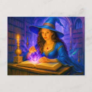Witch reading spellbook with glowing crystal holiday postcard