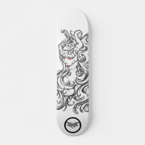 Witch red eyes black and white line art skateboard