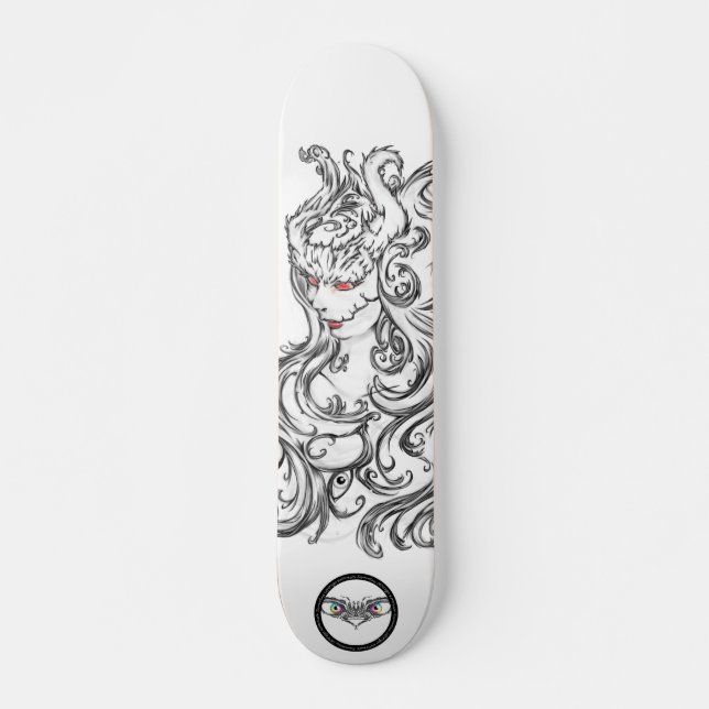 Witch red eyes black and white line art skateboard (Front)