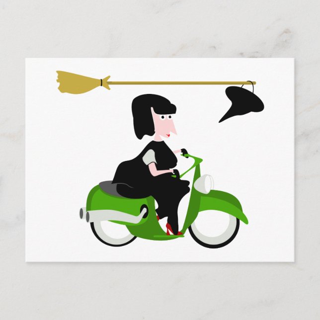 Witch Riding A Green Moped Postcard (Front)