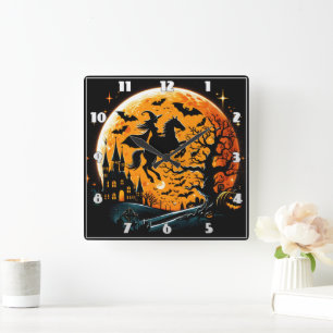 Witch riding a horse against a Halloween moon Square Wall Clock