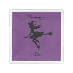 Witch Riding Broom Halloween Thunder_Cove Acrylic Tray