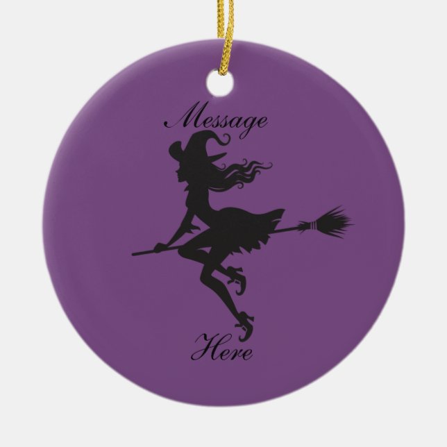 Witch Riding Broom Halloween Thunder_Cove Ceramic Ornament (Front)