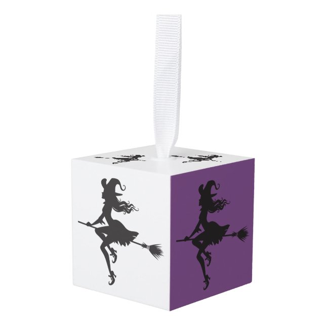 Witch Riding Broom Halloween Thunder_Cove Cube Ornament (Front Angled)
