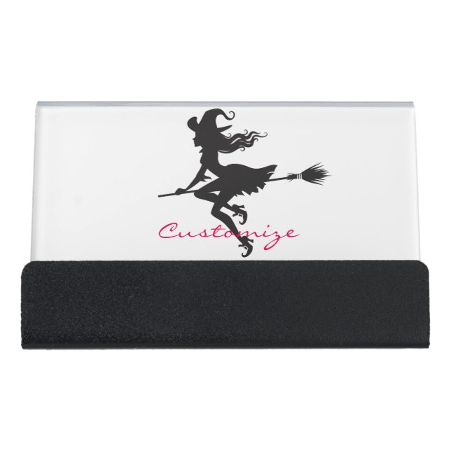 Witch Riding Broom Halloween Thunder_Cove Desk Business Card Holder (Front)