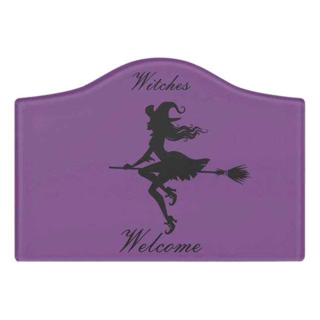 Witch Riding Broom Halloween Thunder_Cove Door Sign (Small Crest Front)