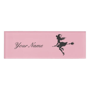 Witch Riding Broom Halloween Thunder_Cove Name Tag