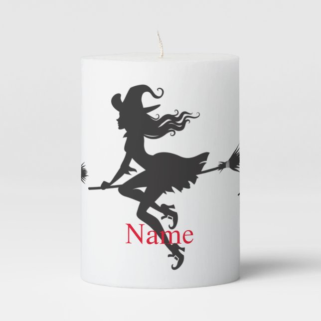 Witch Riding Broom Halloween Thunder_Cove  Pillar Candle (Front)