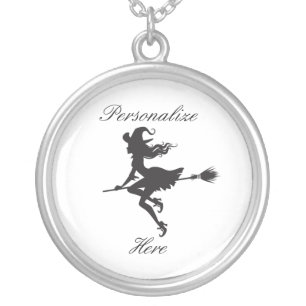 Witch Riding Broom Halloween Thunder_Cove Silver Plated Necklace