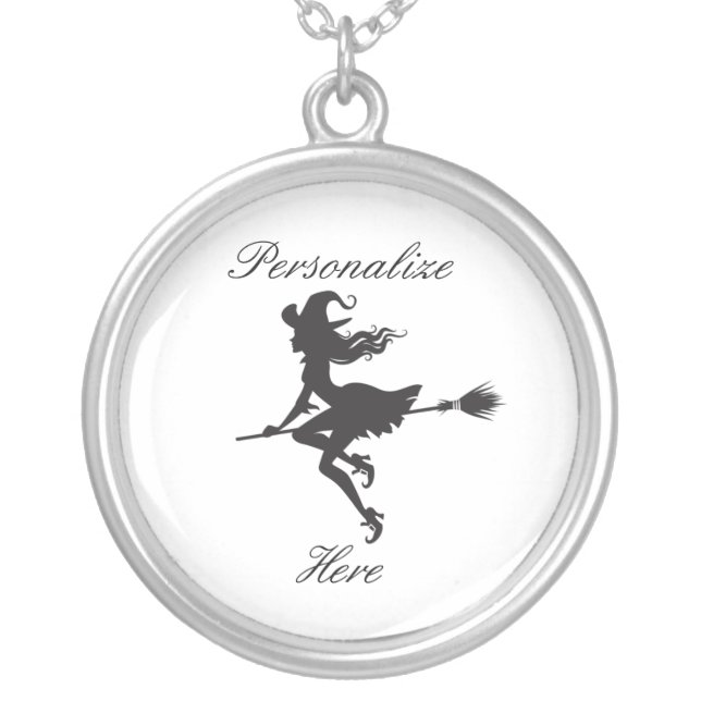 Witch Riding Broom Halloween Thunder_Cove Silver Plated Necklace (Front)