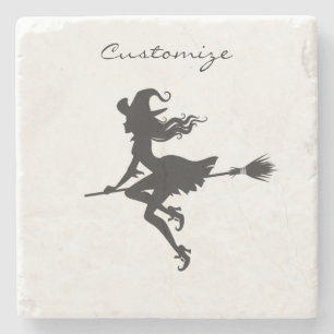 Witch Riding Broom Halloween Thunder_Cove Stone Coaster