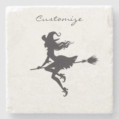 Witch Riding Broom Halloween Thunder_Cove Stone Coaster