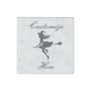 Witch Riding Broom Halloween Thunder_Cove Stone Magnet