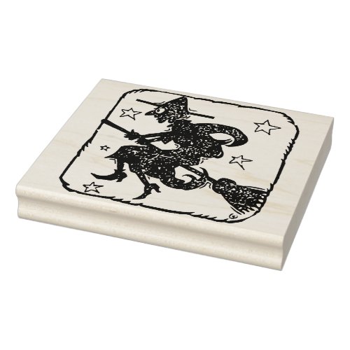 Witch riding broom illustration art stamp