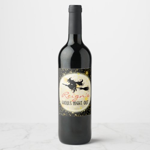 Witch Riding Broom Moonlight  Sparkles Halloween Wine Label