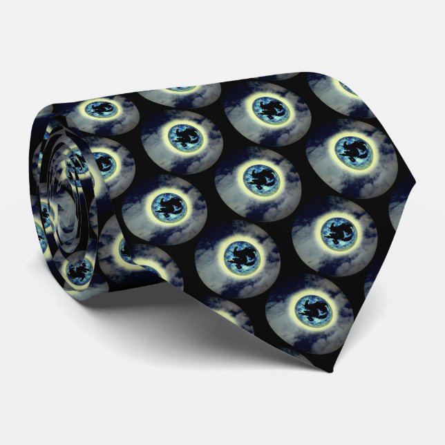 Witch Riding Broomstick Full Moon Halloween  Neck Tie (Rolled)
