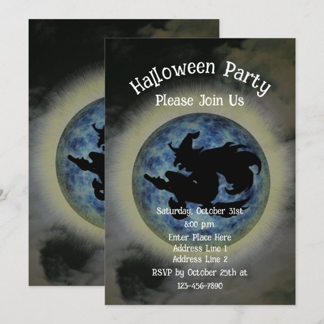 Witch Riding Broomstick Halloween  Invitation (Front/Back)