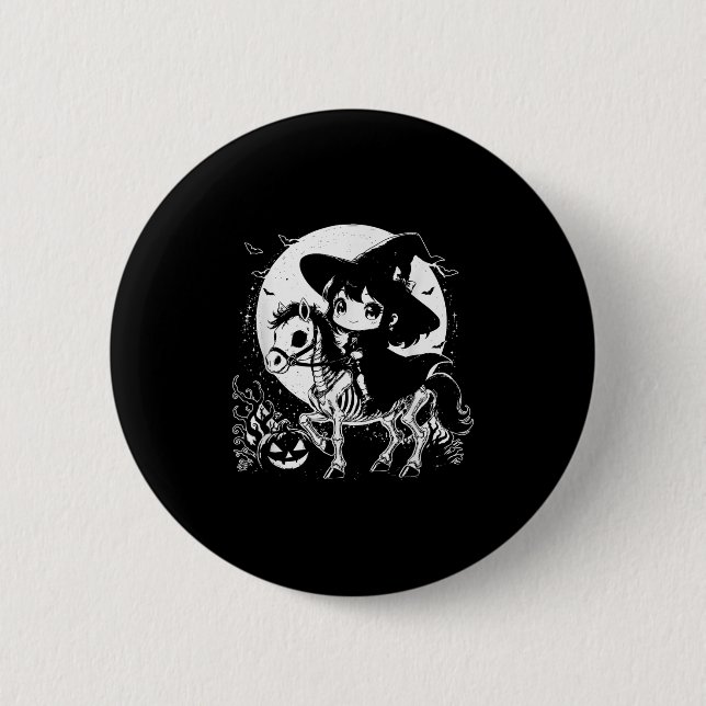 Witch Riding Horse Skeleton Cute Spooky Halloween  Button (Front)