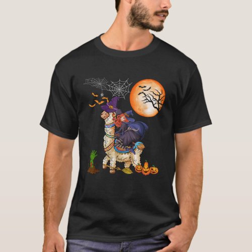 Witch Riding Llama Funny Halloween Horror Carved P T_Shirt