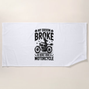 Witch Riding Motorcycle Halloween Beach Towel