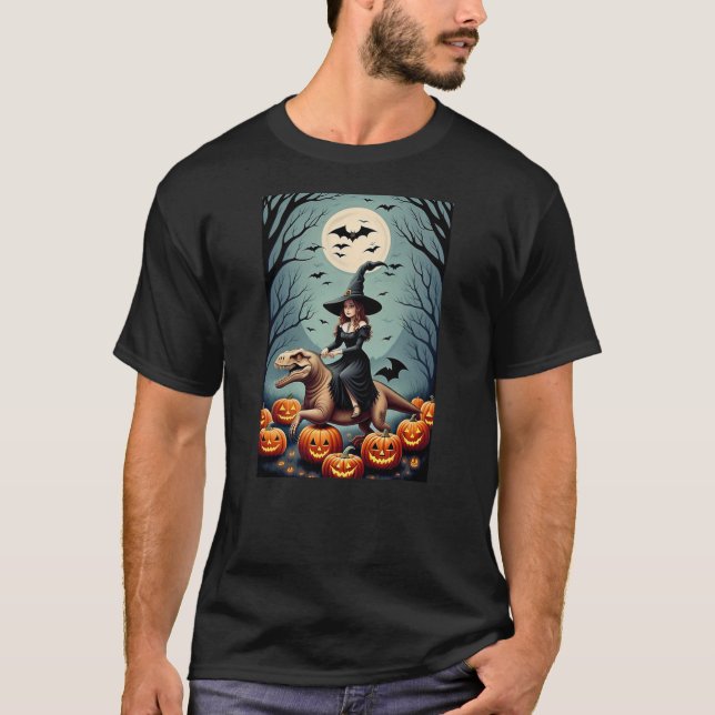 Witch Riding Tyrannosaurus Rex dinosaur in a Pumpk T-Shirt (Front)