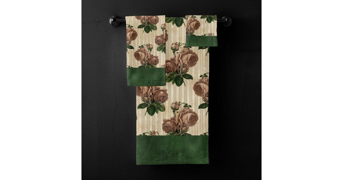 Witch Rose Floral | Vintage Cream Pink and Green Bath Towel Set | Zazzle