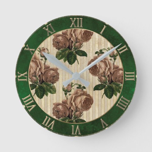 Witch Rose Floral  Vintage Cream Pink and Green Round Clock