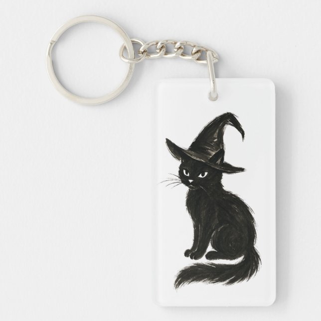 Witch’s Cat – Black Ink Halloween Illustration on  Keychain (Front)