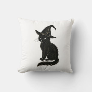 Witch’s Cat – Black Ink Halloween Illustration on Throw Pillow