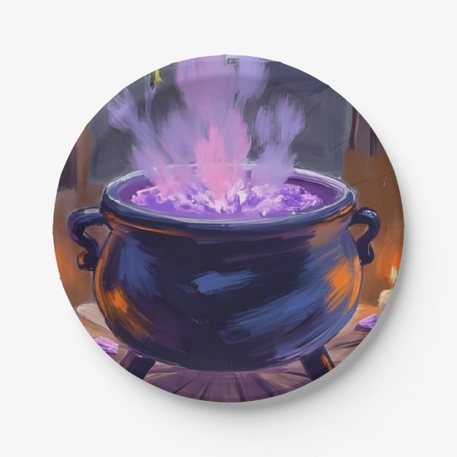Witch’s Cauldron Purple Halloween Party Spooky Paper Plates (Front)