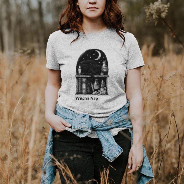 Witch’s Nap – Black Cat Sleeping in Potion Shelf T-Shirt (Creator Uploaded)