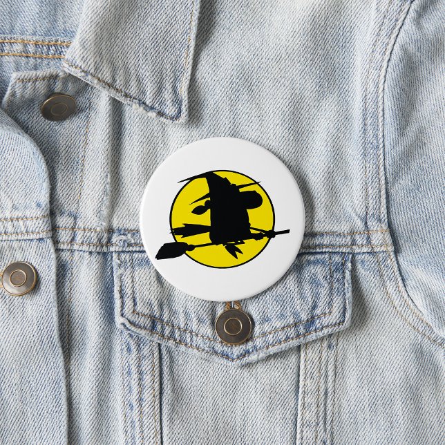 Witch Silhouette Flying on Broom Against Full Moon Button (Creator Uploaded)