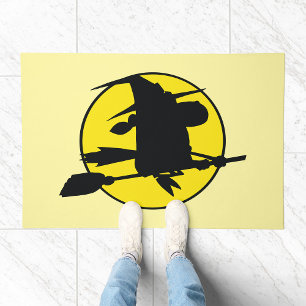 Witch Silhouette Flying on Broom Against Full Moon Doormat