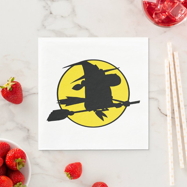 Witch Silhouette Flying on Broom Against Full Moon Napkins (Creator Uploaded)
