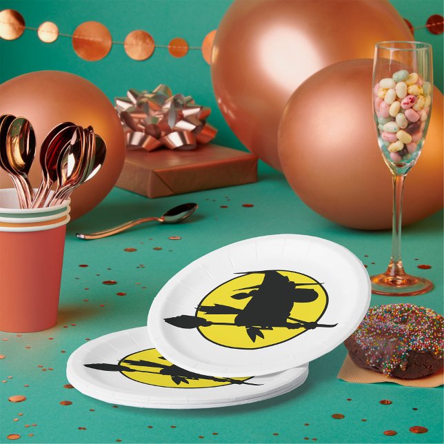 Witch Silhouette Flying on Broom Against Full Moon Paper Plates (Creator Uploaded)
