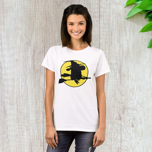 Witch Silhouette Flying on Broom Against Full Moon T-Shirt (Creator Uploaded)