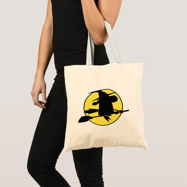 Witch Silhouette Flying on Broom Against Full Moon Tote Bag (Creator Uploaded)