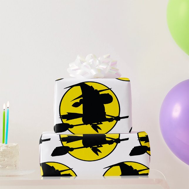 Witch Silhouette Flying on Broom Against Full Moon Wrapping Paper (Creator Uploaded)