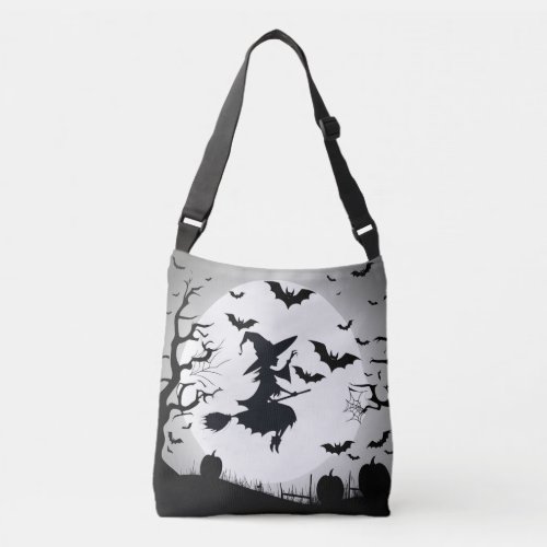 Witch Silhouette With Bats Funny Halloween Theme Crossbody Bag