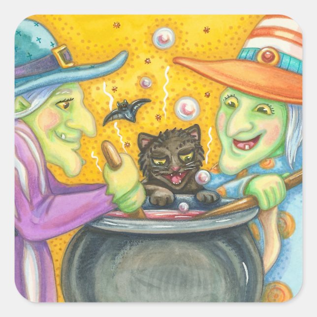 WITCH SISTERS AND BLACK CAT STICKERS Square Sheet (Front)