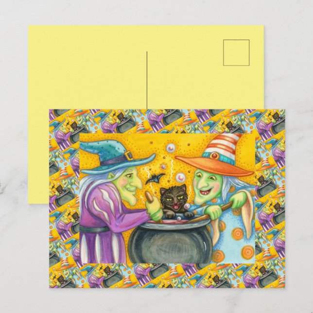 WITCH SISTERS, BLACK CAT & HALLOWEEN BREW HOLIDAY POSTCARD (Front/Back)