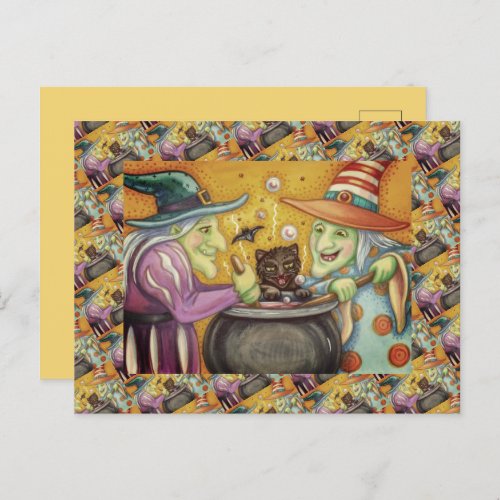 WITCH SISTERS BLACK CAT  HALLOWEEN BREW HOLIDAY POSTCARD