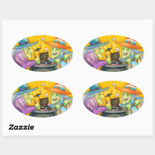 WITCH SISTERS, BLACK CAT & HALLOWEEN BREW OVAL STICKER