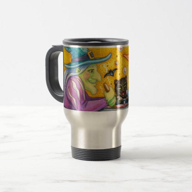 WITCH SISTERS & BLACK CAT HALLOWEEN TRAVEL MUG (Front Left)